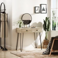 HOMCOM Vanity Table, Makeup Vanity Table with Round Mirror, 2 Drawers, Modern Dressing Table for Bedroom, Oak(m-8)