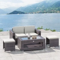 Outsunny 2-Tier Rattan Patio Coffee Table Outdoor Side Table PE Wicker Patio Garden Tea End Desk with Tempered Glass Top & Storage for Balcony, Backyard, Poolside(m-1)