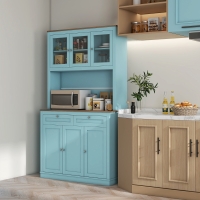 HOMCOM 71" Pantry Cabinet with Microwave Space, Buffet with Hutch, 2 Drawers, Adjustable Shelves and Glass Doors, Blue