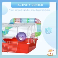 PawHut Large Hamster Cage with Tubes and Tunnels, 2-Level Steel Rat Cage, Small Animal House, Includes Exercise Wheel, Hut, Water Bottle, Food Dish, 23" x 14" x 14", Red(m-6)
