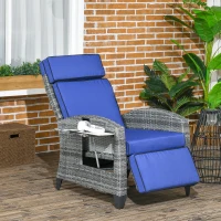 Outsunny Outdoor Recliner Chair with Cushions, Reclining Patio Lounge Chair with Adjustable Footrest, Armrests, Tray Table, Blue(m-10)