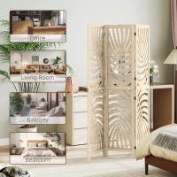 HOMCOM 3 Panel Room Divider, Detachable Folding Privacy Screens with Palm Leaf Design for Home Office, Natural Wood Finish(m-9)