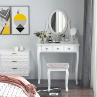 HOMCOM Wooden Vanity Table Set, Makeup Dressing Table with 360° Rotating, 5 Drawers and Padded Stool, White(m-5)