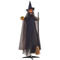 HOMCOM 6.2' Life Size Decoration Animatronic Witch w/ Broomstick Outdoor Halloween, Sound & Motion Activated w/ Light Up Eyes(m-11)