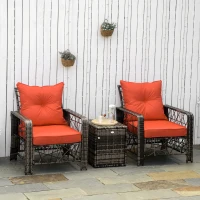 Outsunny 3 Pieces Wicker Patio Furniture Set, Rattan Bistro Set with Storage Coffee Table and Thickened Cushions, Outdoor Conversation Set for Garden, Porch, Balcony, Red(m-1)