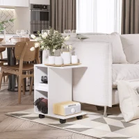 HOMCOM C-Shape Side Table End Table with Storage Open Shelf, Coffee Table on Wheels for Home Office Studio White(m-8)