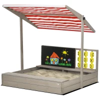 Outsunny Kids Sandbox with Canopy, Bench Seats Wooden Sand Pit, Backyard Toy with Chalkboard, Tic Tac Toe Game, Gift for Girls and Boys, Ages 3-7(m-11)