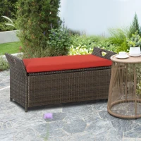 Outsunny 29 Gallon Patio Wicker Storage Bench, Outdoor PE Rattan Patio Furniture, 2-In-1 Large Capacity Rectangle Garden Storage Box with Handles and Cushion, Red(m-10)