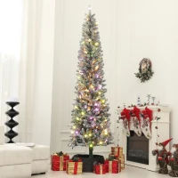 HOMCOM 9ft Prelit Pencil Artificial Christmas Tree, Flocked Xmas Tree with Remote, Dual Colour LEDs, 895 Tips, Metal Stand(m-1)
