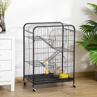 PawHut Rolling Small Animal Cage 36.6" Pet Rabbit Ferret Playpen, Animal Supply Kit Metal Black for Bunny, Pet Mink, Chinchilla(m-1)