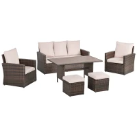 Outsunny Patio Dining Set, PE Rattan Furniture w/ 2 Chairs, Cushions & 3-Seat Sofa, Woodgrain Slatted Dinner Table, Beige(m-1)