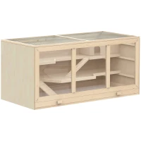 PawHut 45" Extra Large Wooden Hamster Cage, 3-Layer Rat Cage with Opening Roof, PVC Window, Small Animal Habitat for Gerbil, Dwarf & Syrian Hamsters, Natural(m-1)