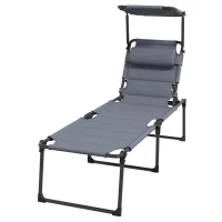 Outsunny Outdoor Lounge Chair, 4 Position Adjustable Backrest, Folding, Cushioned w/ Sun Shade Roof & Pillow, Gray(m-1)
