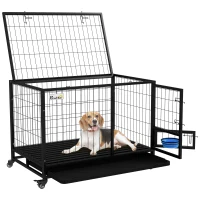 PawHut 43" Heavy Duty Dog Kennel w/ Bowl Holder, Wheels, Openable Top, Removable Tray for Medium & Large Dogs, Black(m-11)