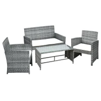 Outsunny 4pcs Outdoor Patio Furniture Set, 2 Plastic Rattan Chairs, 1 PE Wicker Loveseat Sofa, 1 Center Coffee Table with Tempered Glass Table-Top, Soft Cushions for Backyard, Garden, Grey(m-1)