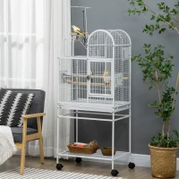 PawHut 55" Large Parrot Cage with Toy Hooks Above Top Bird Perch, Tray, Food Cups, Rolling Stand, Bird Cage for Cockatiels, Parakeets, Lovebirds(m-2)