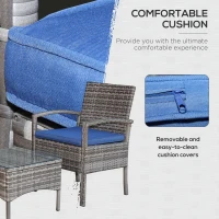 Outsunny 3 Pieces Wicker Patio Furniture Set, Rattan Bistro Set with Coffee Table and Cushions, Outdoor Conversation Set for Garden, Porch, Balcony, Blue(m-6)