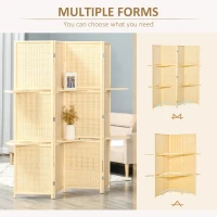 HOMCOM 4-Panel Folding Room Divider, 6 Ft Freestanding Bamboo Privacy Screen Panel with Storage Shelves for Bedroom or Office, Natural Wood Color(m-7)