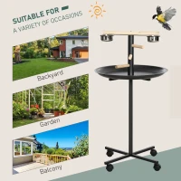 PawHut Portable Bird Play Stand, Parrot Perch Bird Feeder Station with Wheels, Stainless Steel Feeding Bowls, Tray, Gray(m-6)