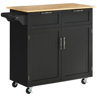 HOMCOM 41" Modern Rolling Kitchen Island on Wheels, Utility Cart Storage Trolley with Rubberwood Top & Drawers, Black