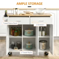 HOMCOM Rolling Kitchen Island Cart on Wheels with Large Bamboo Countertop, 2 Cabinets with Drawers, Adjustable Shelves, White(m-4)