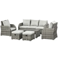 Outsunny 6 Pieces Patio Furniture Set, Conversation Set Wicker Sectional Set Cushioned Outdoor Rattan 3-Seat Sofa, 2 Adjustable Recliners, 2 Footstools & Table Set for Lawn Garden Backyard, Light Grey(m-11)