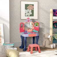 Qaba Kids Vanity Set with Mirror and Stool, Music, Light, Drawer, Hair Dryer, 20 Makeup Accessories, Multicolor(m-10)
