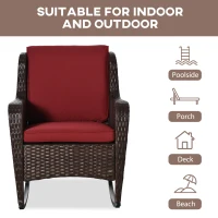 Outsunny Outdoor Wicker Rocking Chair, Rattan Rocker with Cushions, Steel Frame for Patio, Garden, Backyard, Wine Red(m-7)