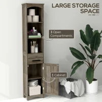 HOMCOM Farmhouse Tall Slim Bathroom Storage Cabinet with Recessed Drawer, Narrow Cabinet with Barn Door, Weathered Gray Oak(m-5)