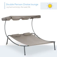 Outsunny Patio Double Chaise Lounge Chair, Outdoor Wheeled Hammock Daybed with Adjustable Canopy and Pillow for Sun Room, Garden, or Poolside, Brown(m-4)