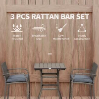 Outsunny 3 PCS Rattan Wicker Bar Set with Wood Grain Top Table and 2 Bar Stools for Outdoor, Patio, Poolside, Garden, Grey(m-4)