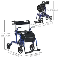 HOMCOM Rollator Walker with Seat, Folding Rolling Walker with 8" Wheels, Walker for Seniors with Adjustable Height, Blue(m-3)