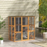 PawHut Outdoor Cat House Big Catio Wooden Feral Cat Shelter Enclosure with Large Spacious Interior, 6 High Ledges, Weather Protection Asphalt Roof, 71" L, Orange(m-2)