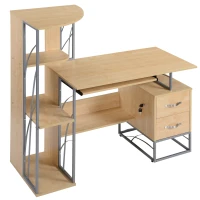 HOMCOM Modern Computer Desk with 4-Tier Bookshelf, Home Office Writing Table Workstation with Tower Storage Shelves Keyboard Tray & Lockable Drawers, Natural(m-11)