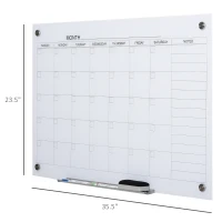 Vinsetto 35"x23" Dry Erase Wall Calendar Glass Whiteboard Monthly Planner for Homeschool Supplies & Home Office Organization with 4 Markers and 1 Eraser,Frameless(m-3)
