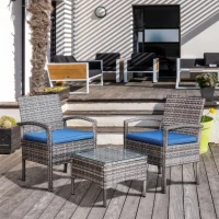 Outsunny 3 Pieces Wicker Patio Furniture Set, Rattan Bistro Set with Coffee Table and Cushions, Outdoor Conversation Set for Garden, Porch, Balcony, Blue(m-8)