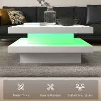 HOMCOM Square Coffee Table with 7 LED Lights and Remote, 2-Tier Modern Center Table for Living Room, White(m-6)