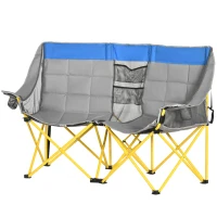 Outsunny 62" W Double Seat Camping Chair Folding Lawn Loveseat w/ Storage Pocket & Cup Holder Compact in a Bag for Outdoor, Beach, Picnic, Hiking, Travel, Blue(m-11)