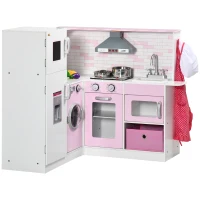Qaba Corner Pretend Play Toy Kitchen with Sink Stove, Wooden Kids Kitchen Playset with Light Sound, Storage Cabinets, Ice Maker, Refrigerator, Washing Machine, Food Toys, White(m-11)