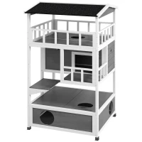 PawHut Wooden Outdoor Cat House with Asphalt Roof, Escape Doors, Condo, Jumping Platform, Light Gray(m-1)