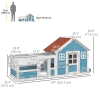 PawHut Rabbit Hutch Outdoor with Asphalt Roof, Handle, Wheels, 64" x 23.3" x 30.6", for Small Animals, Blue(m-3)