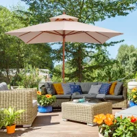 Outsunny 10x10ft Wood Square Patio Umbrella Garden Market Parasol Sunshade Canopy with 2 Pulley Pagoda Style, Khaki(m-1)