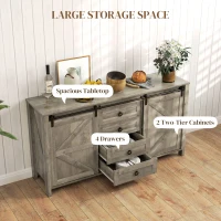 HOMCOM 60" Buffet Cabinet, Farmhouse Sideboard with Sliding Barn Doors, Drawers and Adjustable Shelves, Distressed Light Grey(m-5)