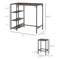 HOMCOM Industrial 3 Piece Dining Table Set, Counter Height Bar Table and Chairs Set, Kitchen Bistro Table Set with Storage Shelf and Stools, Rustic Brown(m-3)