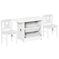 Qaba 3-Piece Kids Table and Chair Set Writing Desk with Storage Boxes Hollow Star Design for Toddler Activities 2-4 Years old, White(m-2)