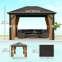 Outsunny 10' x 12' Outdoor Hardtop Gazebo Metal Roof Patio Gazebo with Aluminum Frame, Mesh Nettings, Brown(m-3)