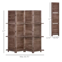 HOMCOM Room Divider, 4 Panel 67" Tall Wood Privacy Screen with 3 Display Shelves, and Folding Storage for Bedroom or Home Office, Walnut(m-3)