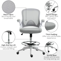 Vinsetto Height-Adjustable Tall Office Chair, Drafting Chair with Flip-Up Armrest, Footrest Ring, Swivel Wheels, Light Grey(m-7)