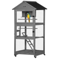 PawHut 71" Bird Cage Large Mobile Wooden Aviary for Canary Cockatiel with Wheel Perch Nest Ladder Slide-out Tray for Indoor Outdoor Dark Grey(m-11)
