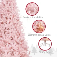 HOMCOM 7.5 FT Tall PreLit Artificial Christmas Tree with Realistic Branches, 500 Warm White LED Lights and 1346 Tips, Pink(m-7)